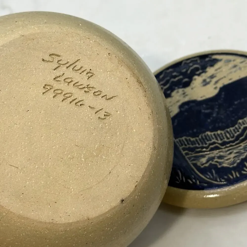Sylvia Lawson NC Pottery Blue Sgrafitto Bowl w Lid Trinket Pilot Mountain 1999